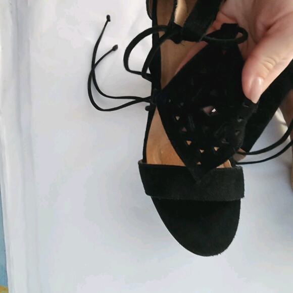 Anthropologie Howsty Mimosa Lasercut Suede Heels39 Black All Leather Wrap Ankle - Picture 3 of 10